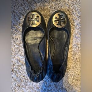 Tory Burch Black Leather Ballet Flats with Gold Logo Medallions